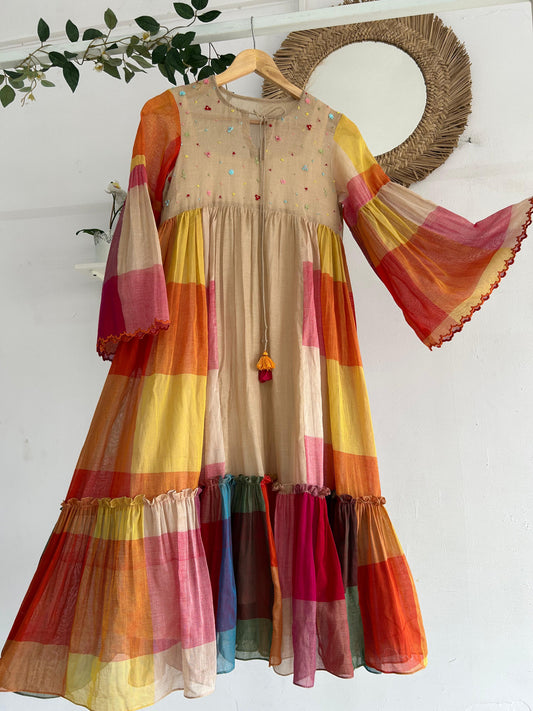 Retro Bloom Multicolour Flared Cotton Dress with embroidered yoke, flared sleeves, and patchwork tiers