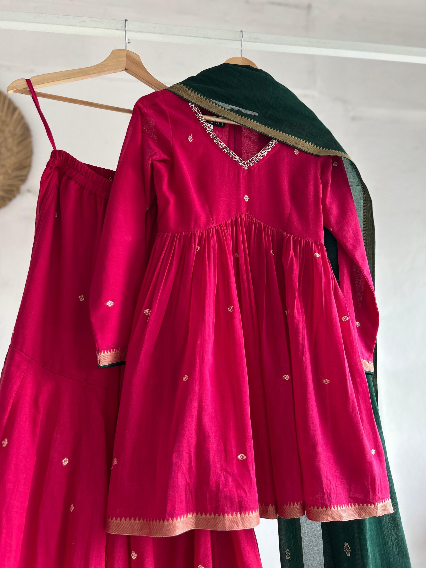 Pink Narayanpet Sharara Set with Green Dupatta