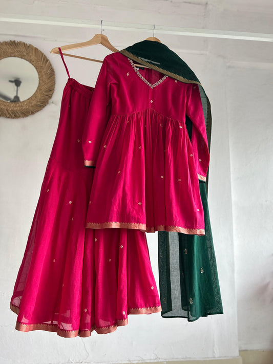 Pink Narayanpet Sharara Set with Green Dupatta