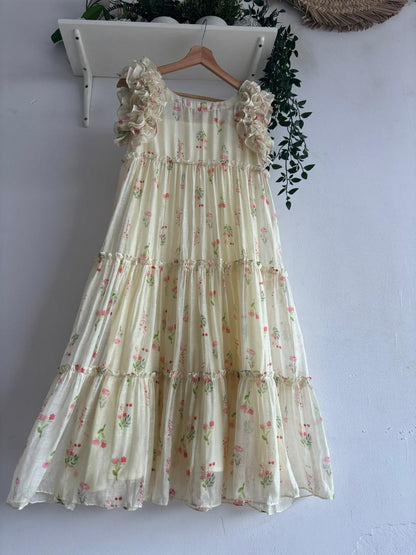 Frosted Petals Mul Chanderi Multi Tiered Dress