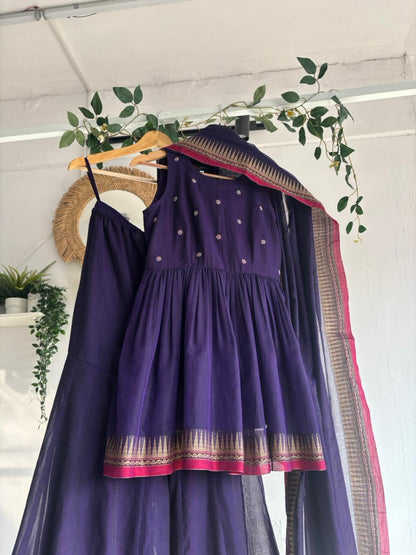 Purple Narayanpet Sharara Set – handloom purple kurta with gold motifs, flared sharara, and matching dupatta with zari border displayed on hanger.